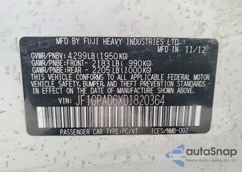 2013 Subaru Impreza Premium z USA, uszkodzony, nr VIN JF1GPAD6XD1820364